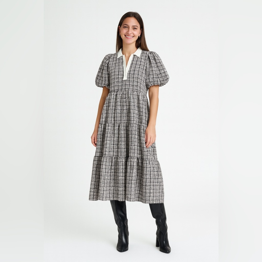 English Factory plaid A-line tiered midi dress - Picture 10 of 11
